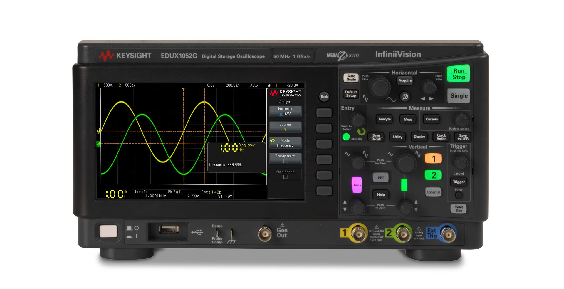 EDUX1052G Oscilloscope: 50 MHz, 2 Analog Channels, with a Built-in Waveform Generator